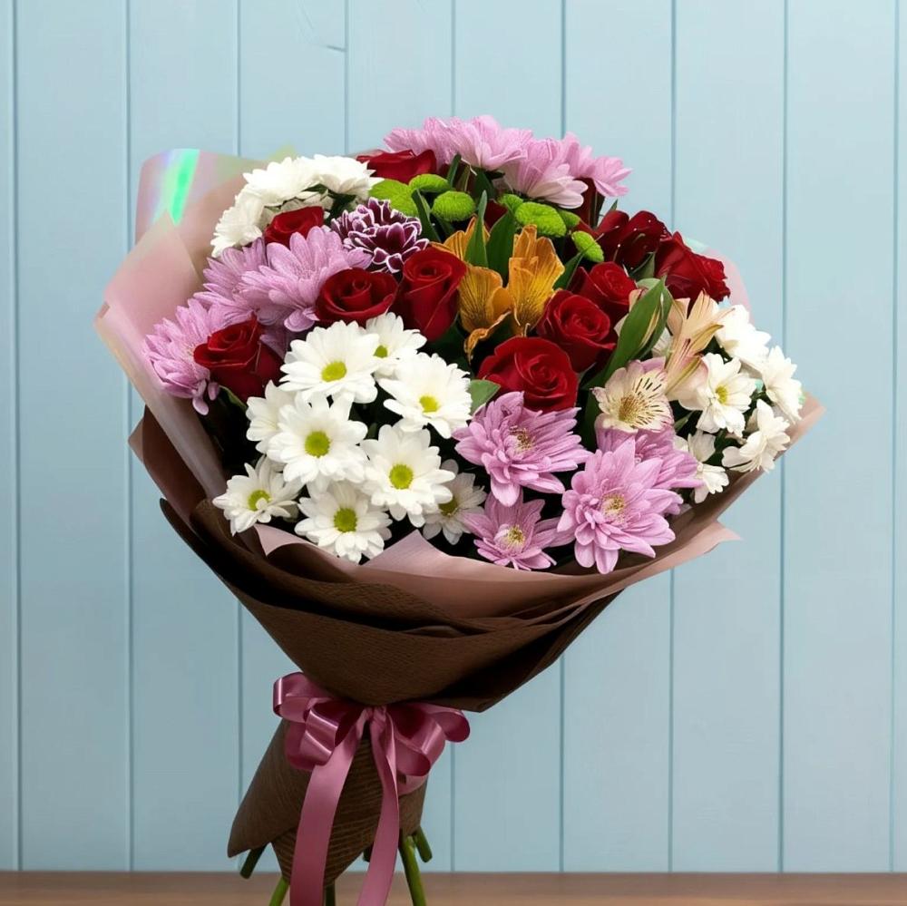 Букет цветов из: Розы, Хризантемы и Альстромерии в Пойковском